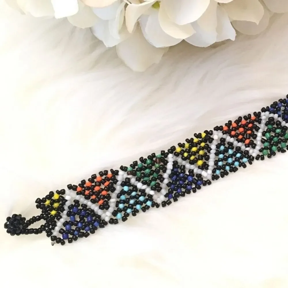 Hand‎ Beaded Mexican Huichol Bracelet Colorful Multicolor Zig Zag Rainbow